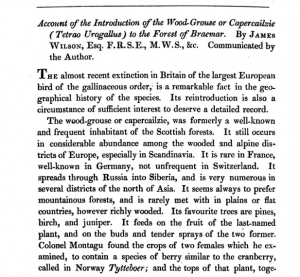 James Wilson, “Account of the Introduction of the Wood-Grouse or Capercailzie (Tetrao Urogallus) to the Forest of Braemar,” Edinburgh New Philosophical Journal 13, no. 25 (July 1832), 160-165