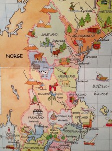 Part of the map of Sweden from Kartboken för alla barn (2012). A muskox appears at the fold of the two pages in Härjedalen.
