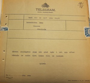 Telegram sent by Axel Sylvén to Alarik Behm to tell him about the release in July 1924 of a beaver that had overwintered in Skansen. Item in the Nordiska Museet archive.