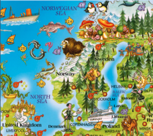 Closeup of Scandinavia on Dino's Children's Map of the World