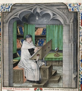 A medieval illustration of Vincent of Beauvais compiling his exhaustive encyclopedia Speculum historiale. Image in public domain courtesy of the British Library.