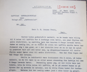 Part of the correspondence between P.M. Jensen Tveit and the Latvian General Counsel in Oslo in 1939 about relocating the beavers in Latvia. From National Archives of Norway, Archive folder RA/S-6087/D/Da/Dab/L0090.