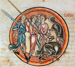The beaver castrating himself before hunters. British Library, Harley MS 4751, fo.9r.
