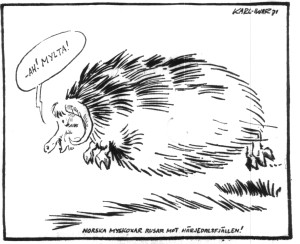 Cartoon printed in Östersunds-Posten, 3 September 1971, shows a muskox exclaiming "Yes! Cloudberries!"