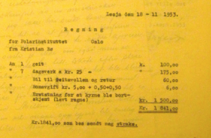 The list of expenses that Kristian Bø claimed should be compensated in his letter dated 18 November 1953. In the Norwegian Archives in Tromsø. Thanks to Peder Roberts for getting the copy for me.