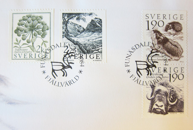 First day issue of the Swedish Fjällsvärld stamp series 