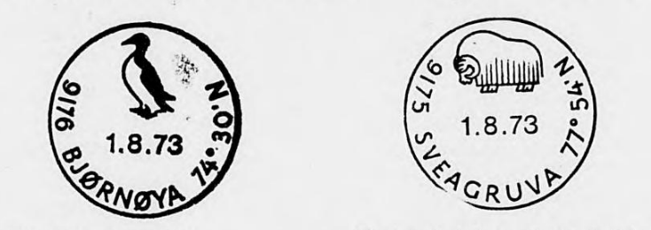 New cancellation stamps issued in 1973 for Svalbard's Bjørnøya and Sveagruva.