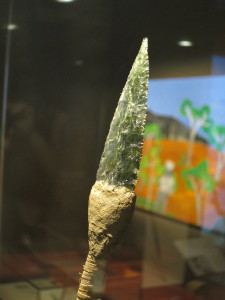 Spearpoint made of green bottle glass., Bunaba people of Western Australia, collected in late 1800s. In Encounters exhibit at National Museum. Photo by D Jørgensen.