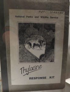Thylacine Response Kit issued in 1983 to Tasmanian Parks and Wildlife offices to ensure proper collection of thylacine field evidence. In the Tasmanian Museum & Art Gallery. Photo by D Jørgensen, Feb 2016
